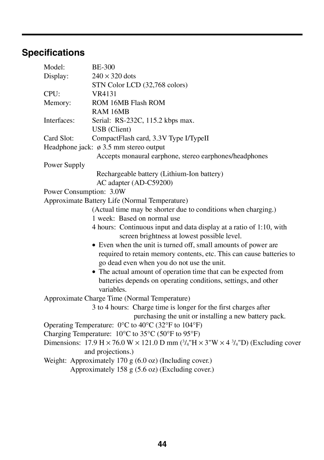 Casio BE-300 manual Specifications, RAM 16MB 