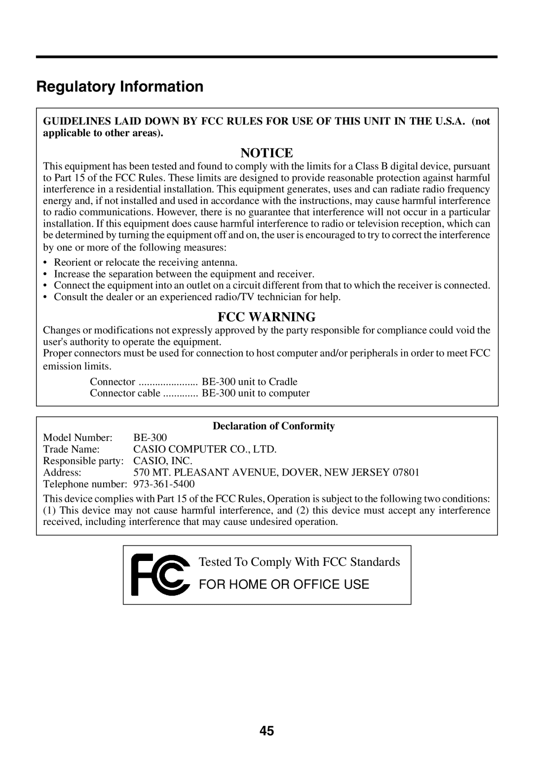 Casio BE-300 manual Regulatory Information, FCC Warning 