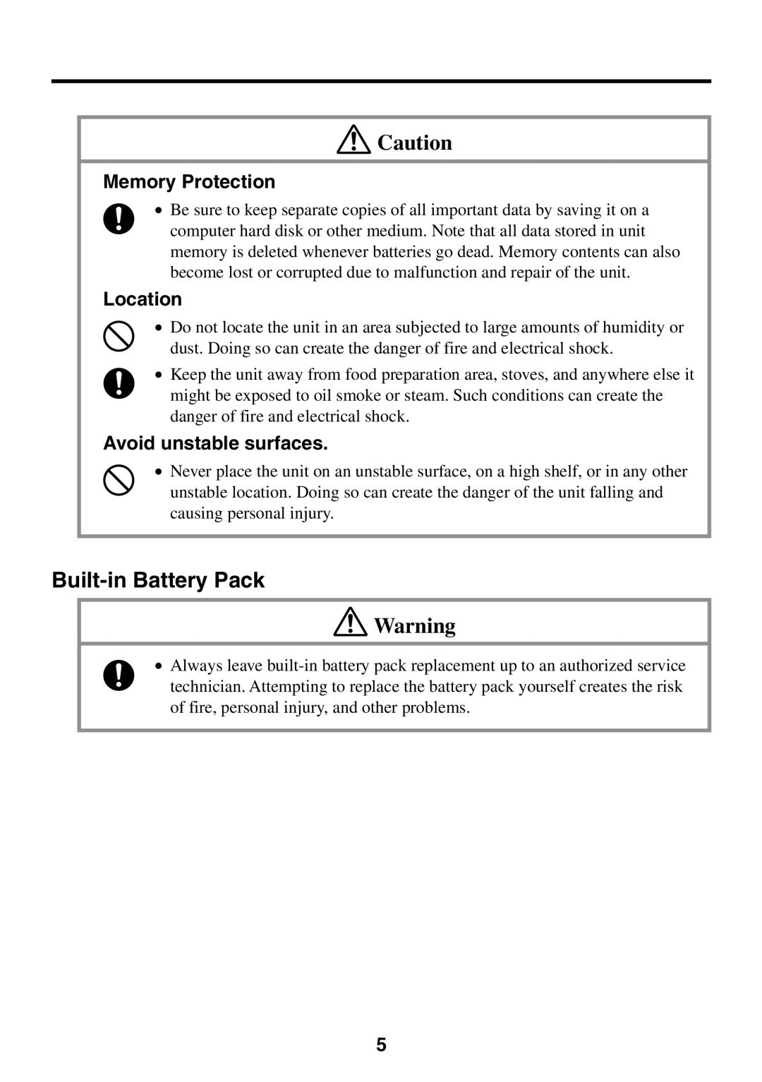 Casio BE-300 manual Built-in Battery Pack, Memory Protection, Location, Avoid unstable surfaces 