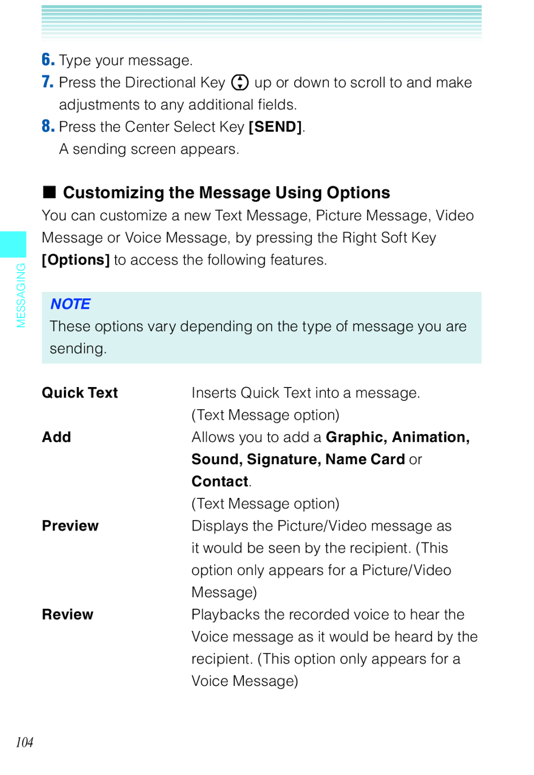 Casio C721 manual Customizing the Message Using Options 