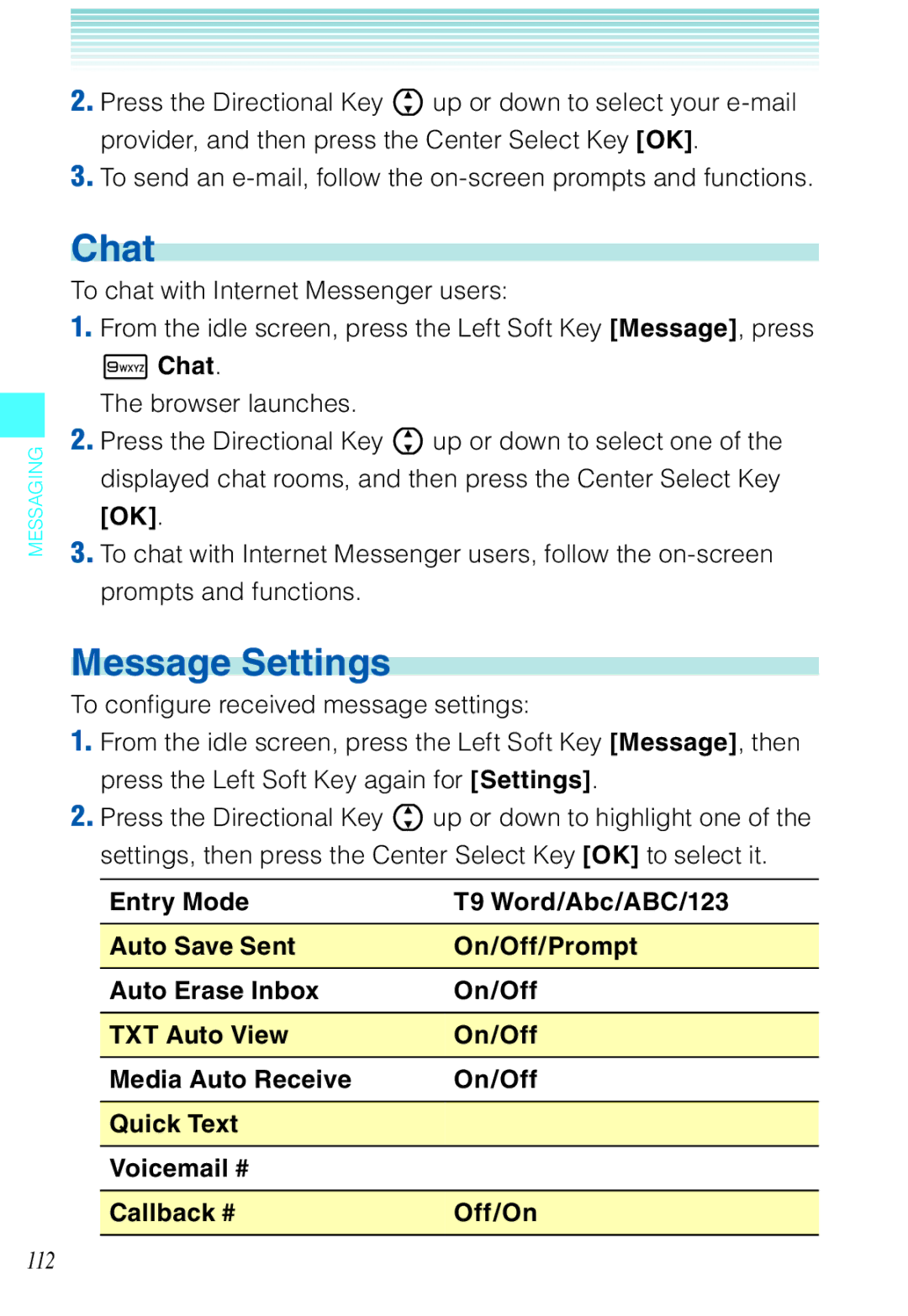 Casio C721 manual Chat, Message Settings 