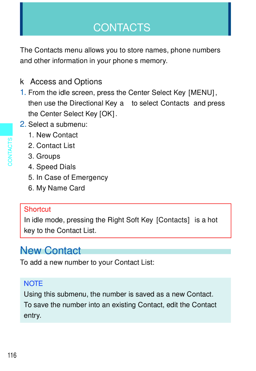 Casio C721 manual Contacts, New Contact 