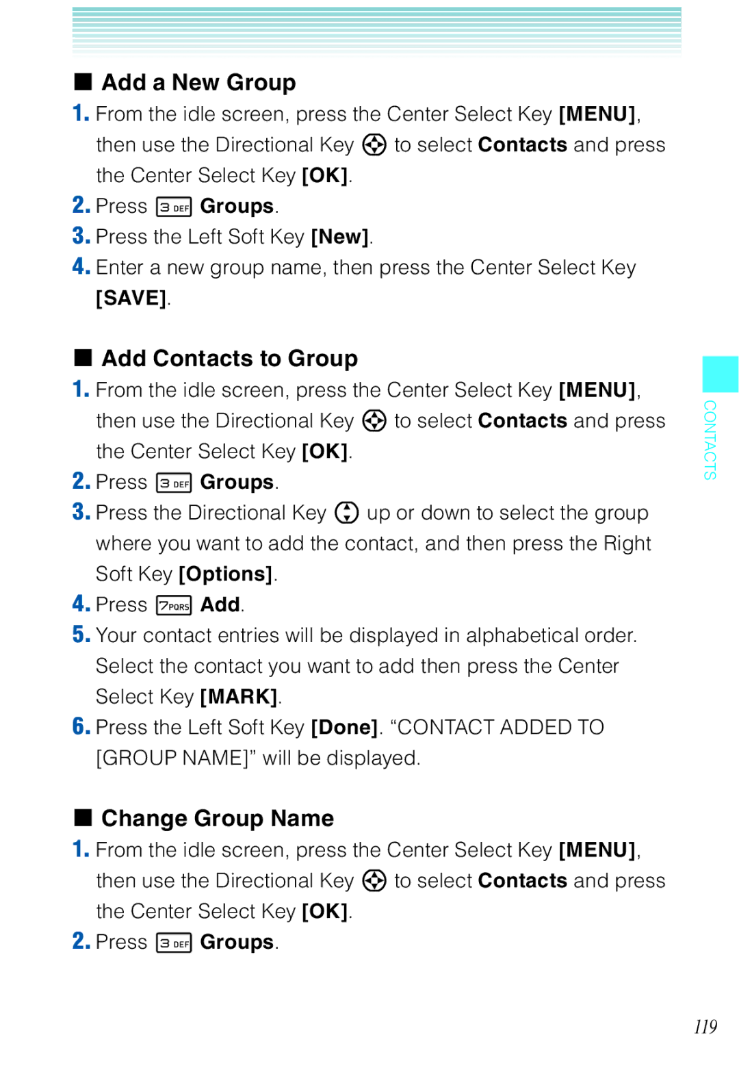 Casio C721 manual Add a New Group, Add Contacts to Group, Change Group Name 