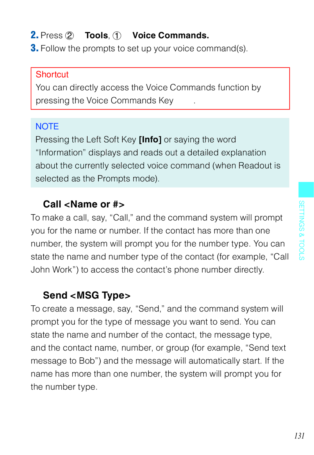 Casio C721 manual Call Name or #, Send MSG Type, Press 2 Tools, 1 Voice Commands 