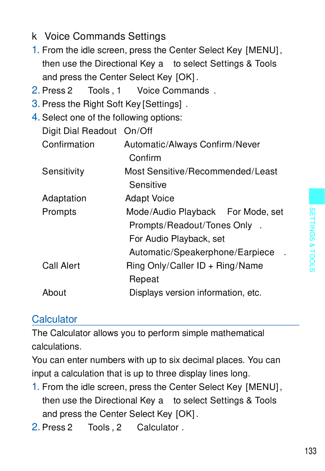 Casio C721 manual Voice Commands Settings, Sensitive, Press 2 Tools, 2 Calculator 