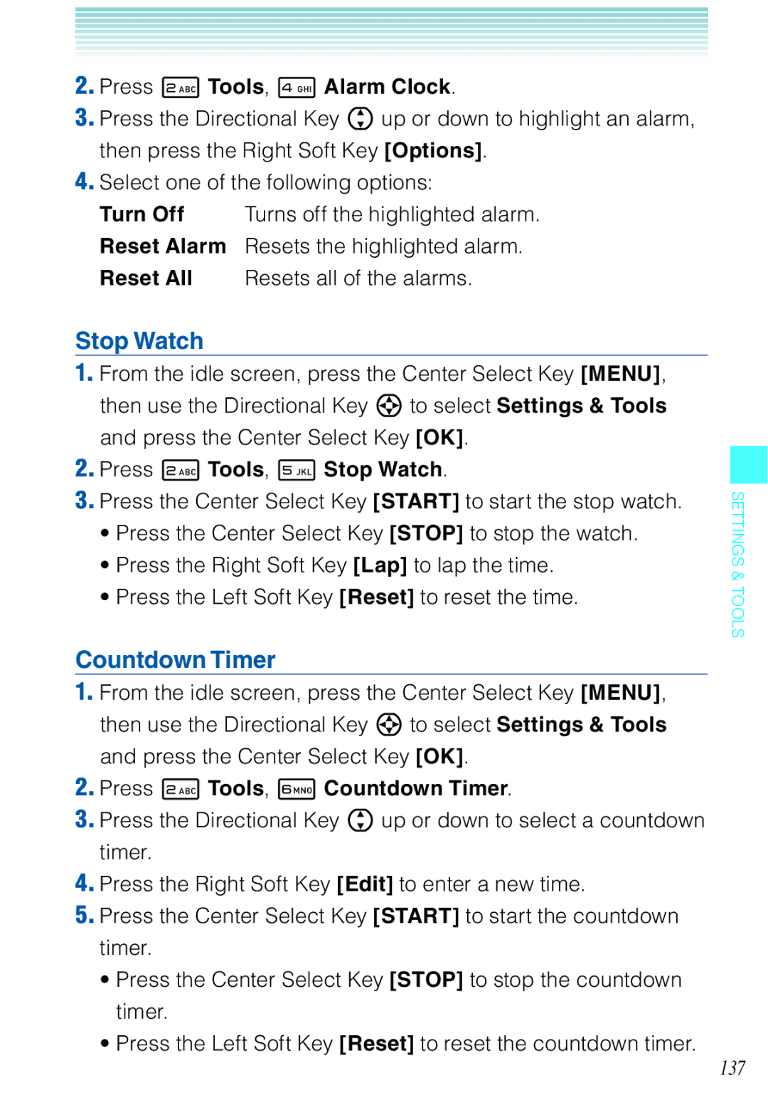 Casio C721 manual Press 2 Tools, 5 Stop Watch, Press 2 Tools, 6 Countdown Timer 