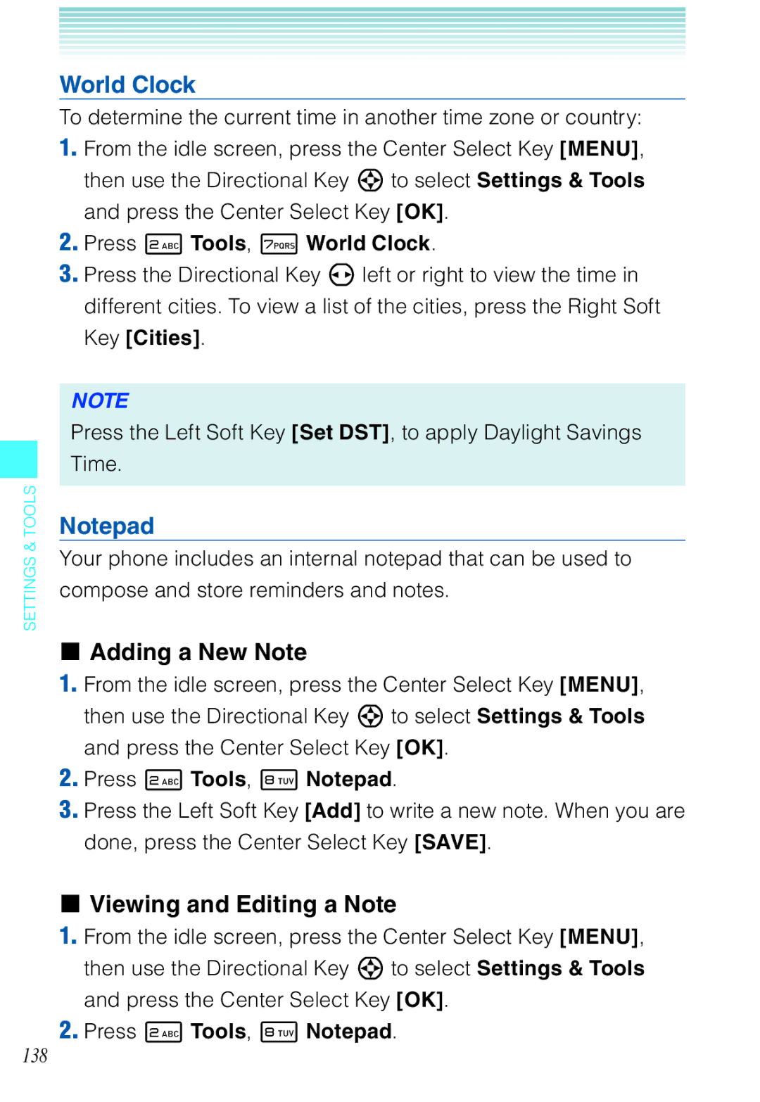 Casio C721 manual Adding a New Note, Viewing and Editing a Note, Press 2 Tools, 7 World Clock, Press 2 Tools, 8 Notepad 