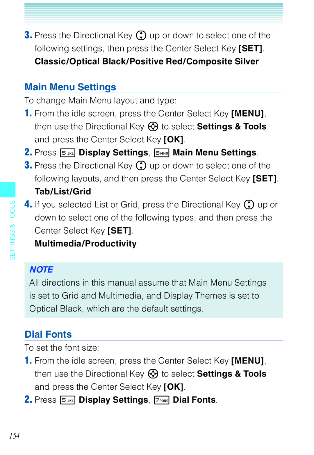 Casio C721 manual Main Menu Settings, Dial Fonts 