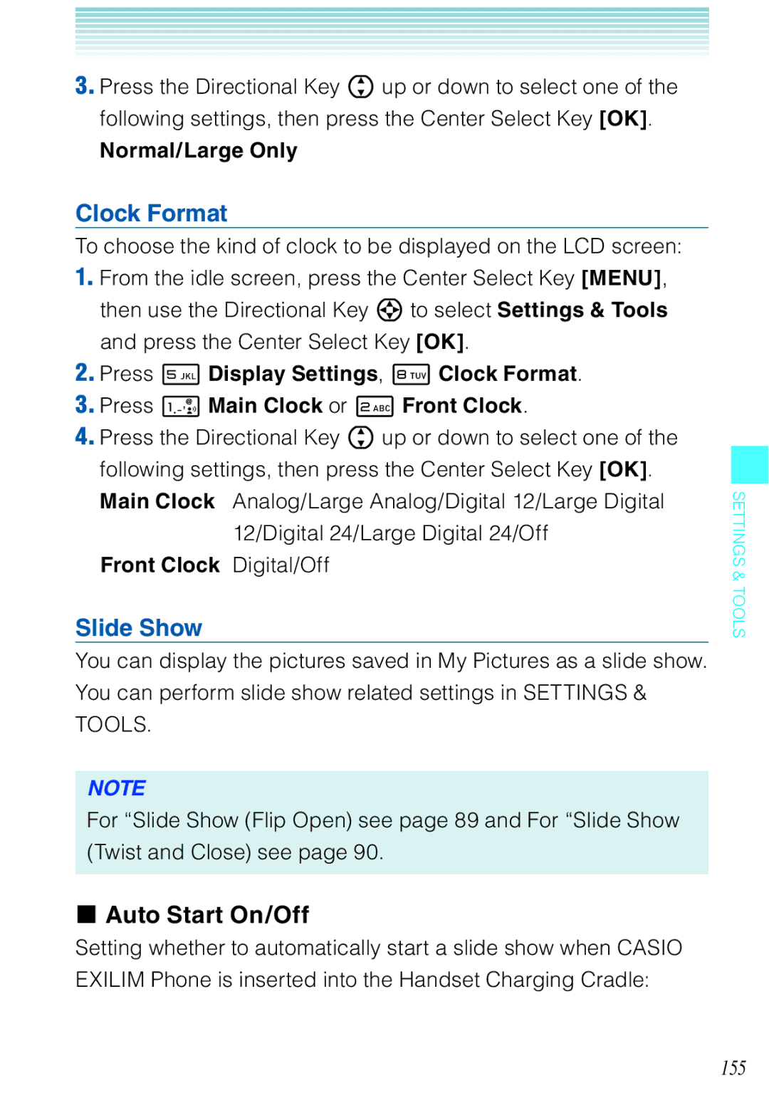 Casio C721 manual Clock Format, Slide Show, Auto Start On/Off, Normal/Large Only 