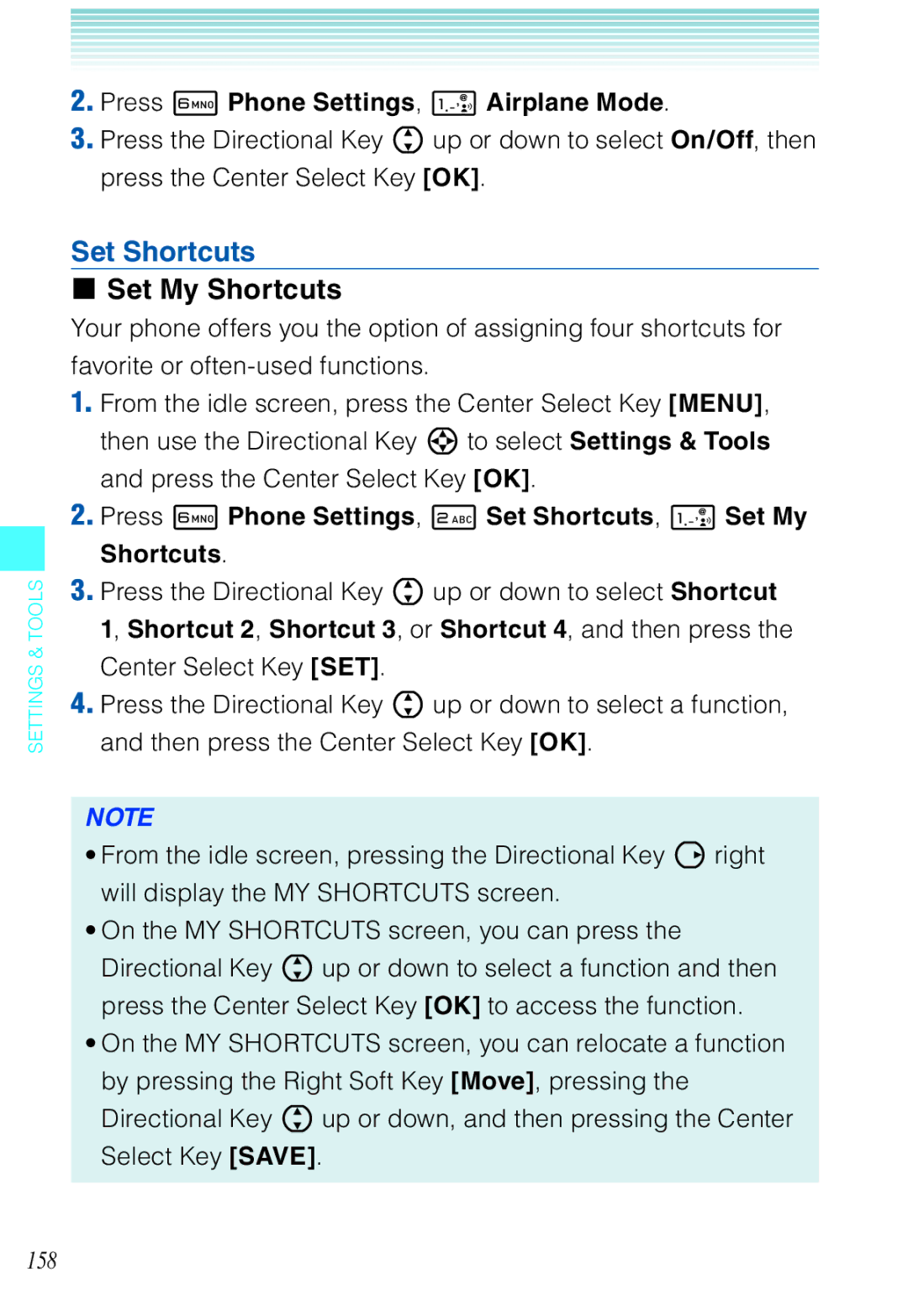 Casio C721 manual Set Shortcuts, Set My Shortcuts, Press 6 Phone Settings, 1 Airplane Mode 