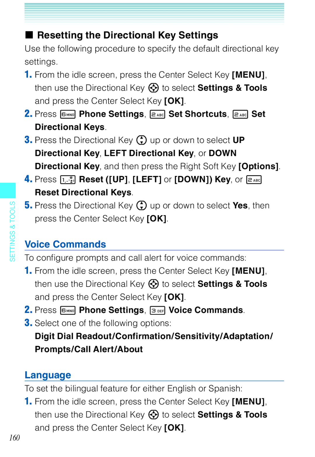 Casio C721 manual Resetting the Directional Key Settings, Language, Press 6 Phone Settings, 3 Voice Commands 