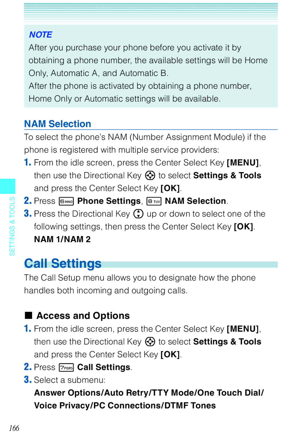 Casio C721 manual Press 6 Phone Settings, 8 NAM Selection, Press 7 Call Settings 