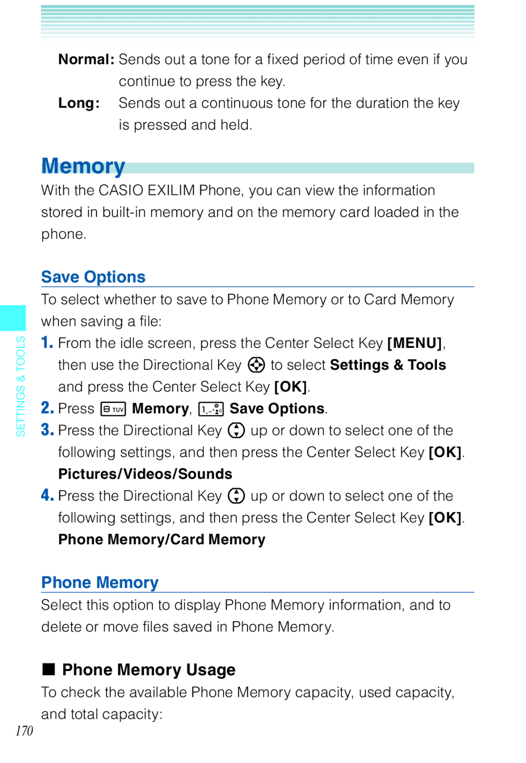 Casio C721 manual Save Options, Phone Memory Usage 