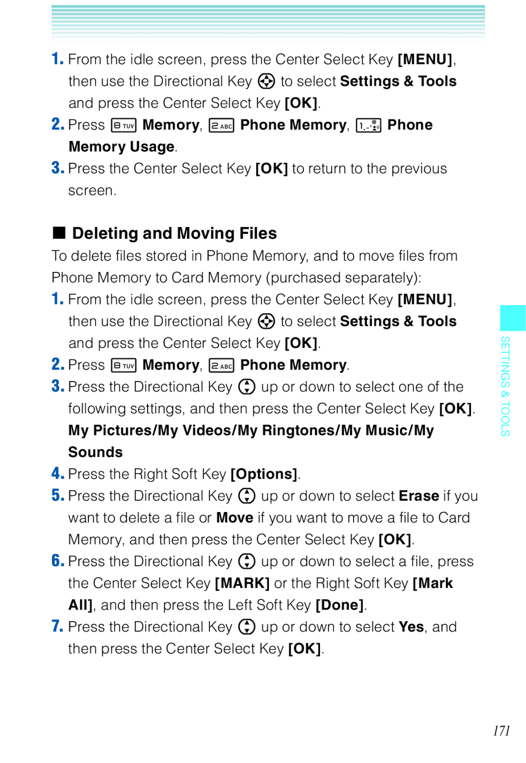 Casio C721 manual Deleting and Moving Files, Press 8 Memory, 2 Phone Memory, 1 Phone Memory Usage 