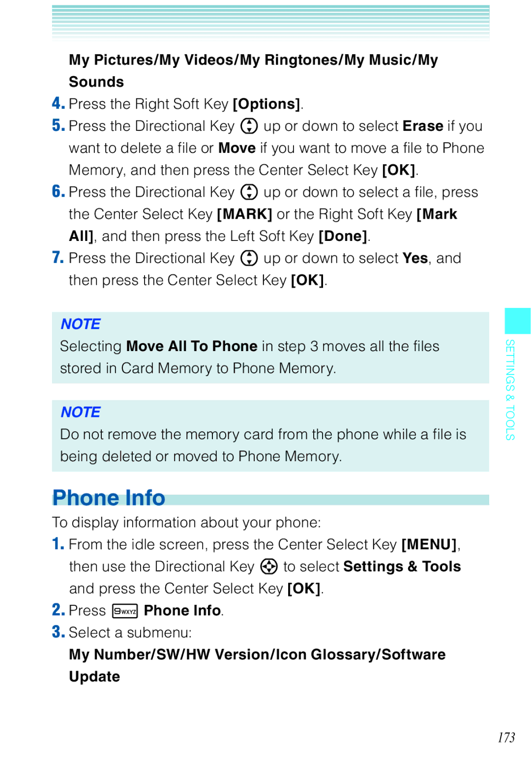 Casio C721 manual Press 9 Phone Info, My Number/SW/HW Version/Icon Glossary/Software Update 