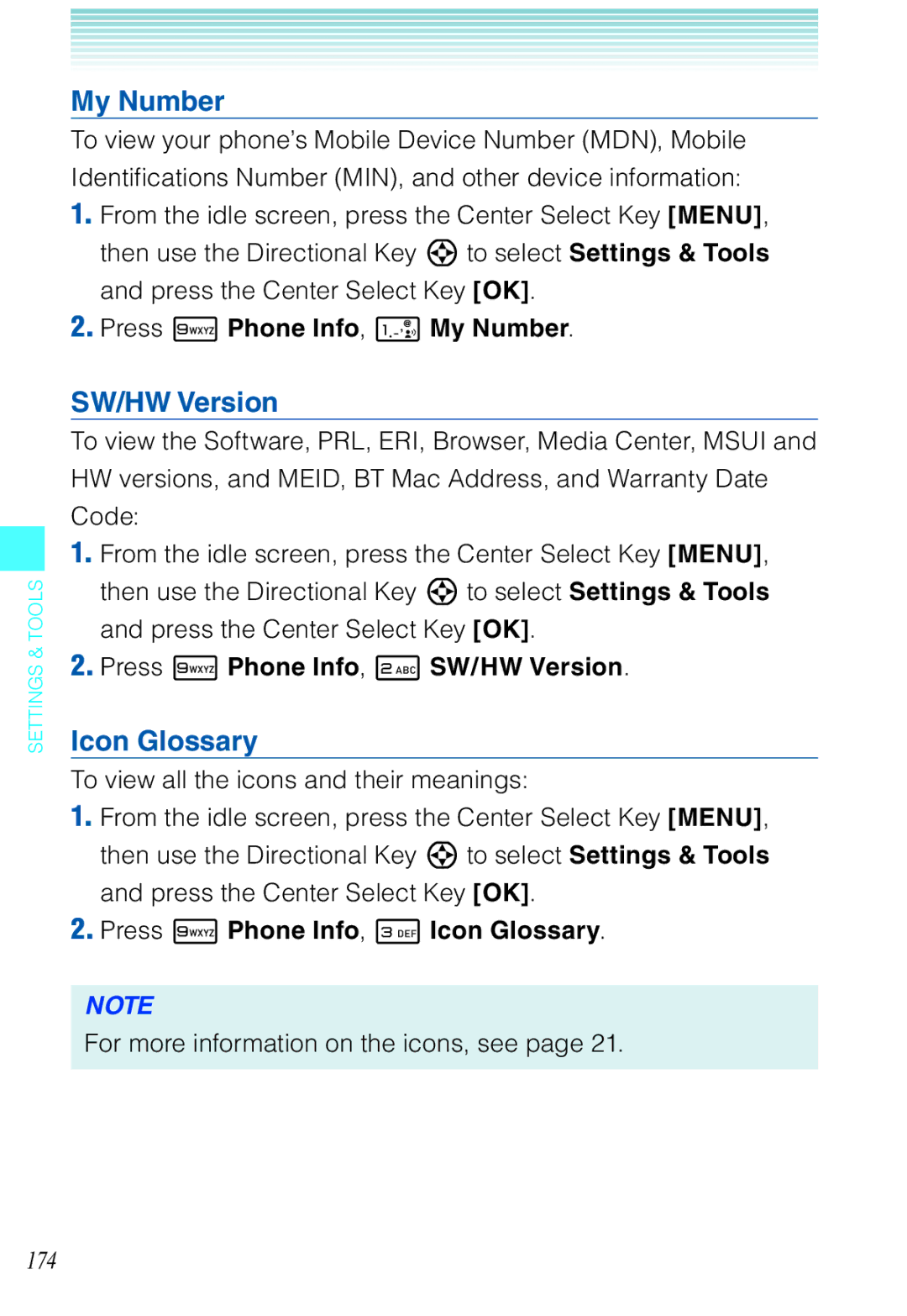 Casio C721 manual My Number, SW/HW Version, Icon Glossary 