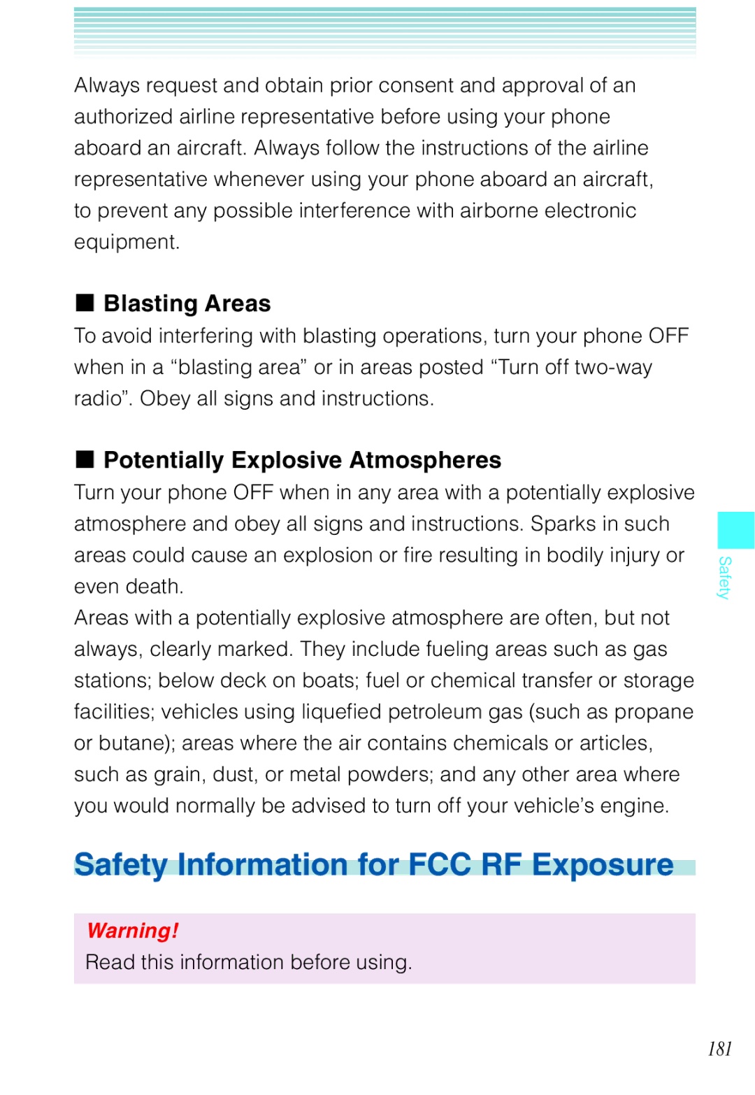 Casio C721 manual Safety Information for FCC RF Exposure, Blasting Areas, Potentially Explosive Atmospheres 