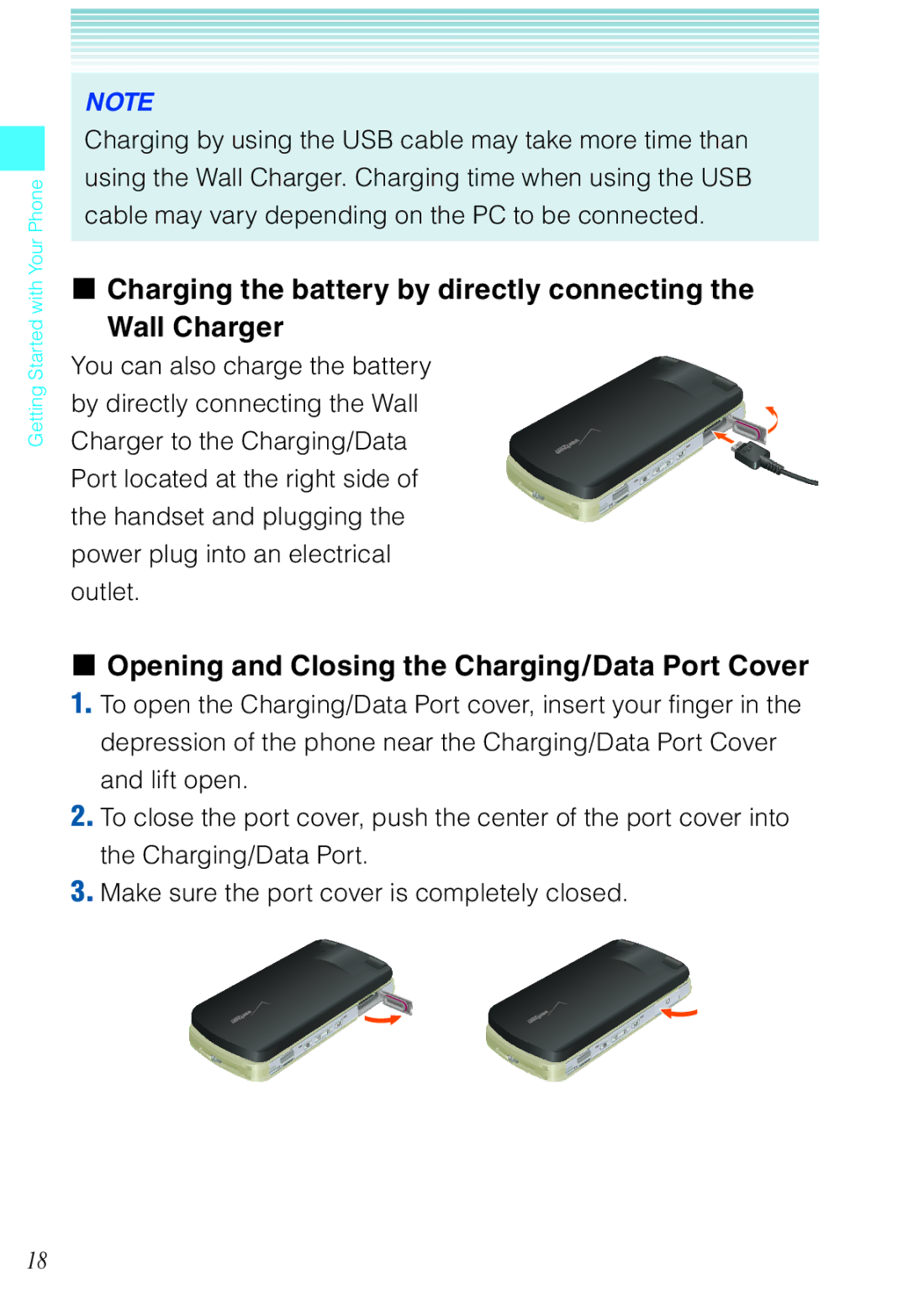 Casio C721 Charging the battery by directly connecting Wall Charger, Opening and Closing the Charging/Data Port Cover 