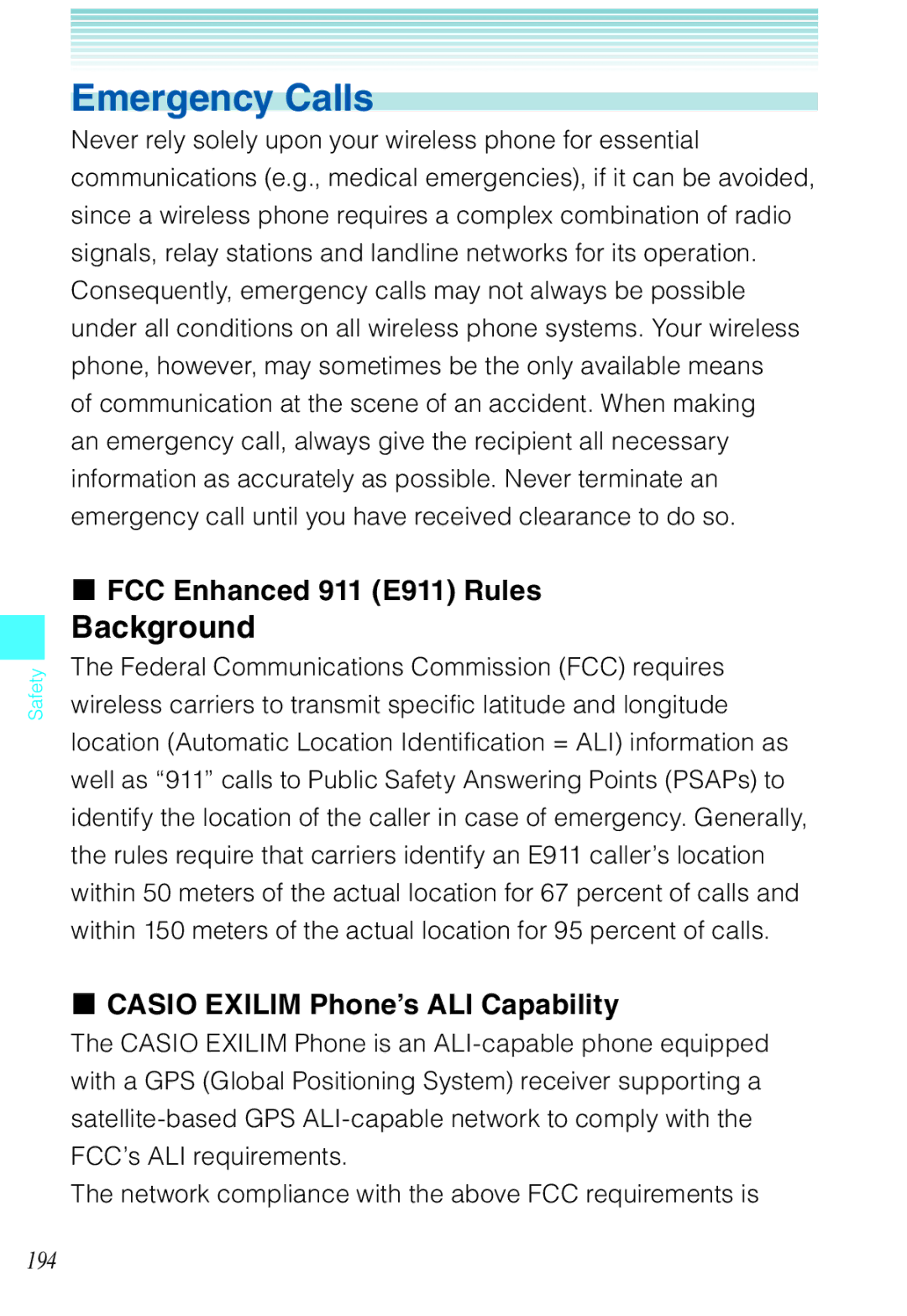 Casio C721 manual Emergency Calls, FCC Enhanced 911 E911 Rules, Casio Exilim Phone’s ALI Capability 