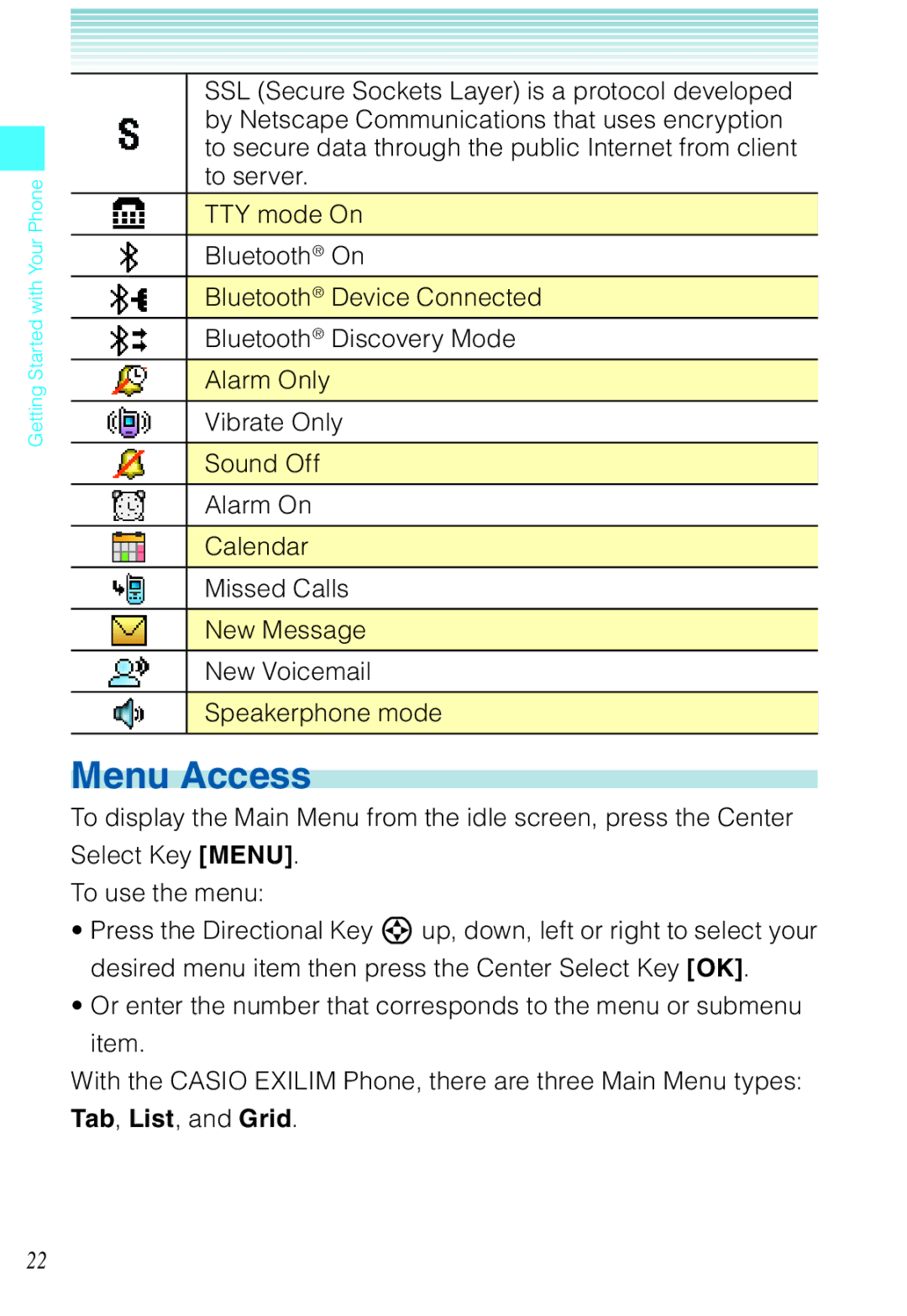 Casio C721 manual Menu Access, Tab, List, and Grid 