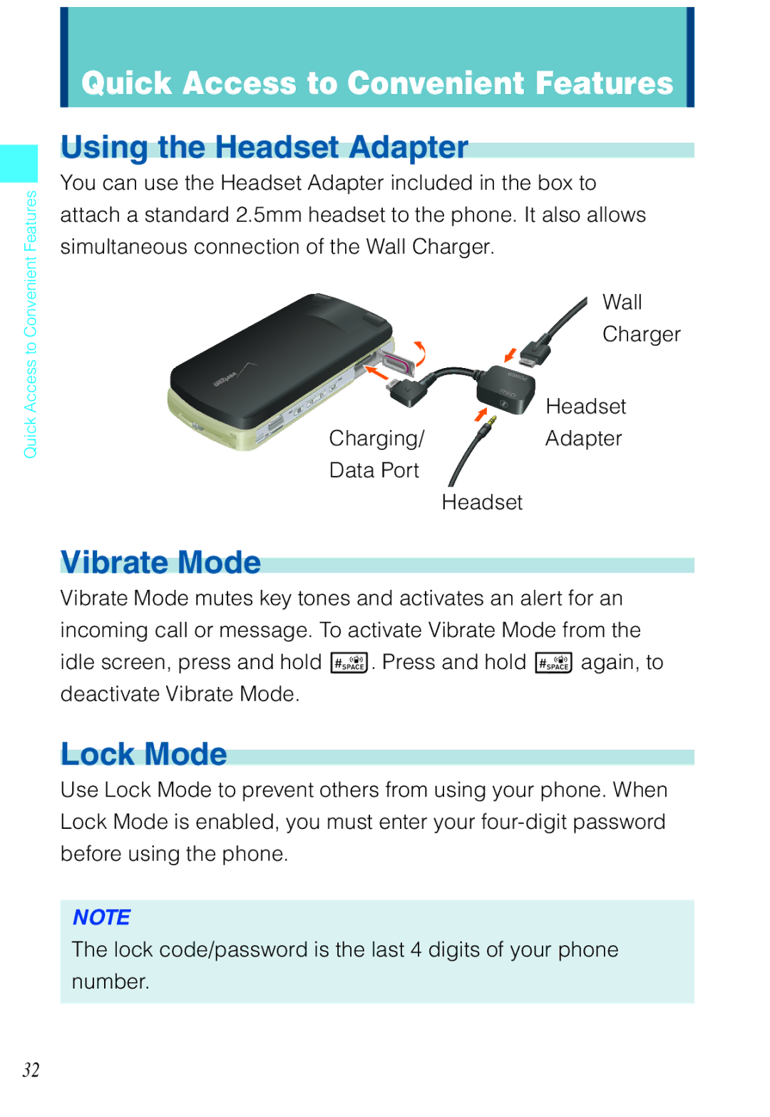 Casio C721 manual Using the Headset Adapter, Vibrate Mode, Lock Mode 