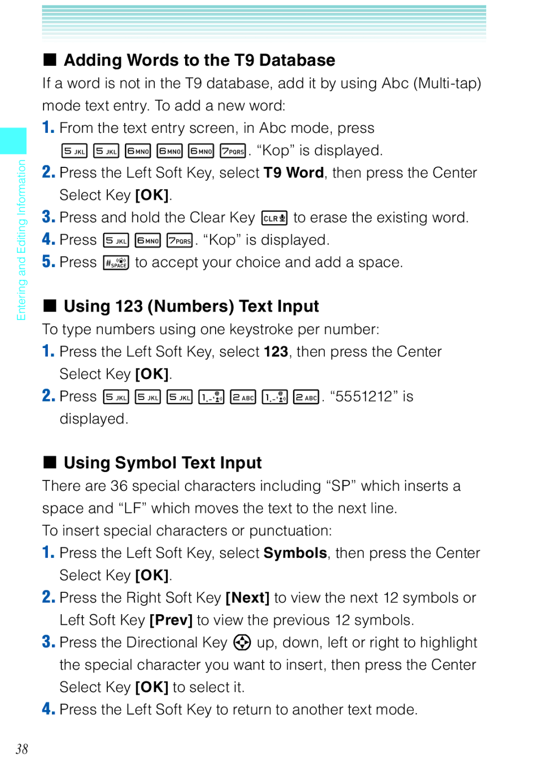 Casio C721 manual Adding Words to the T9 Database, Using 123 Numbers Text Input, Using Symbol Text Input 