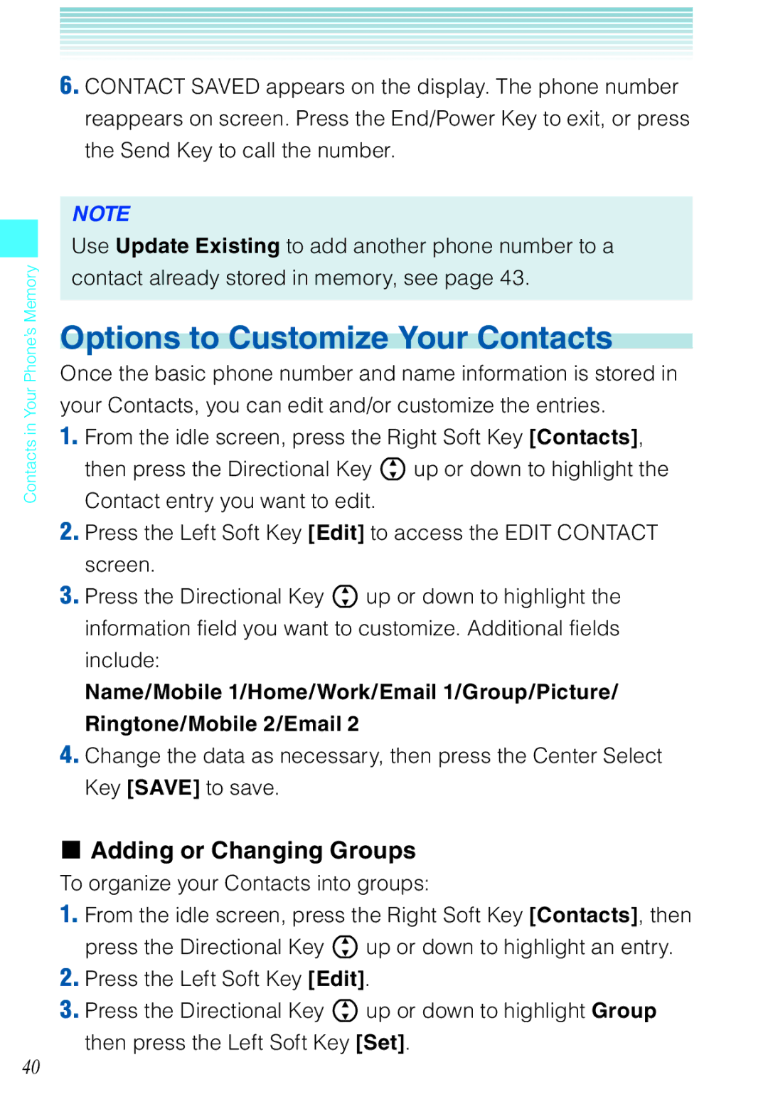 Casio C721 manual Options to Customize Your Contacts, Adding or Changing Groups 