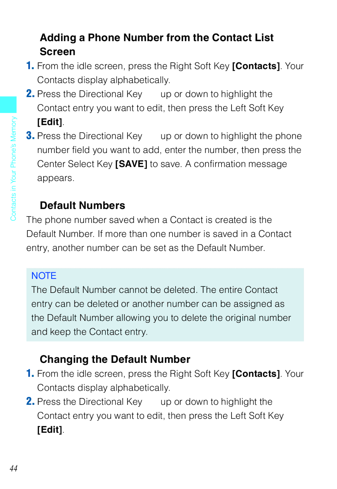 Casio C721 manual Adding a Phone Number from the Contact List Screen, Default Numbers, Changing the Default Number 