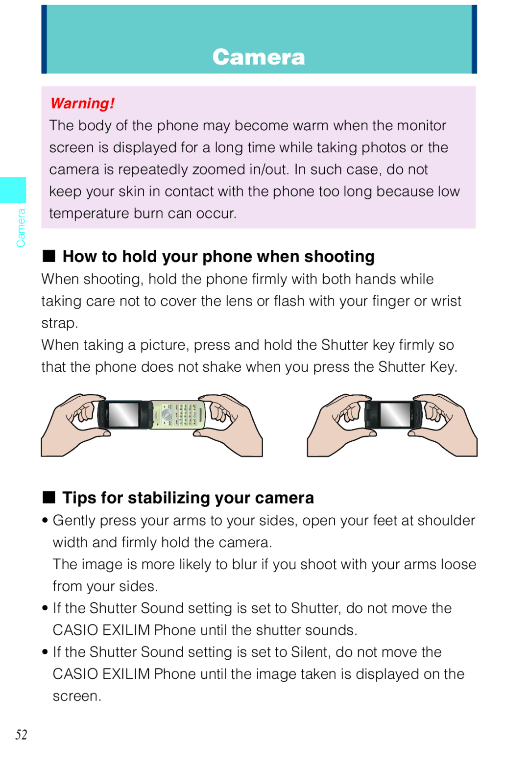 Casio C721 manual How to hold your phone when shooting, Tips for stabilizing your camera 