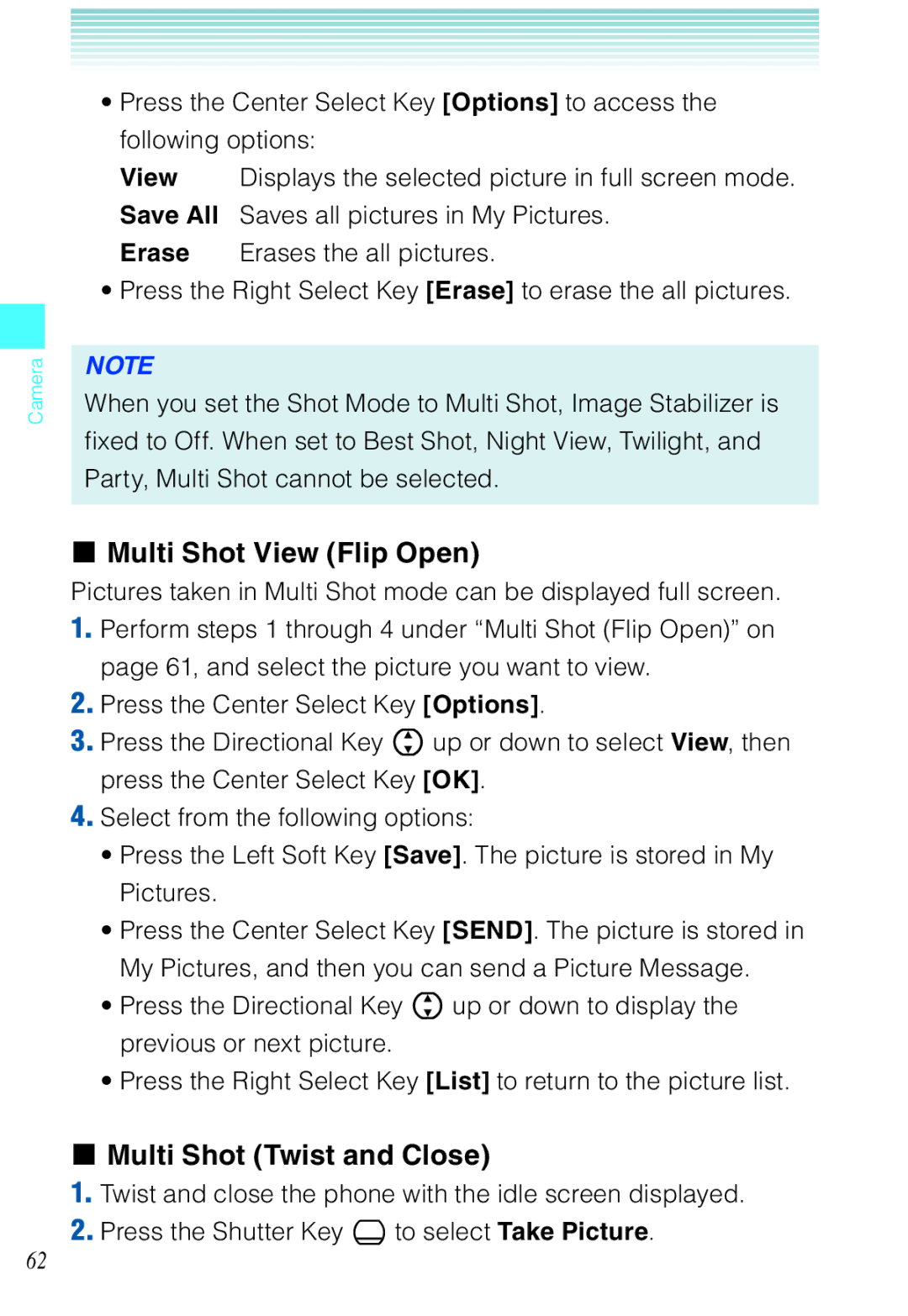 Casio C721 manual Multi Shot View Flip Open, Multi Shot Twist and Close 