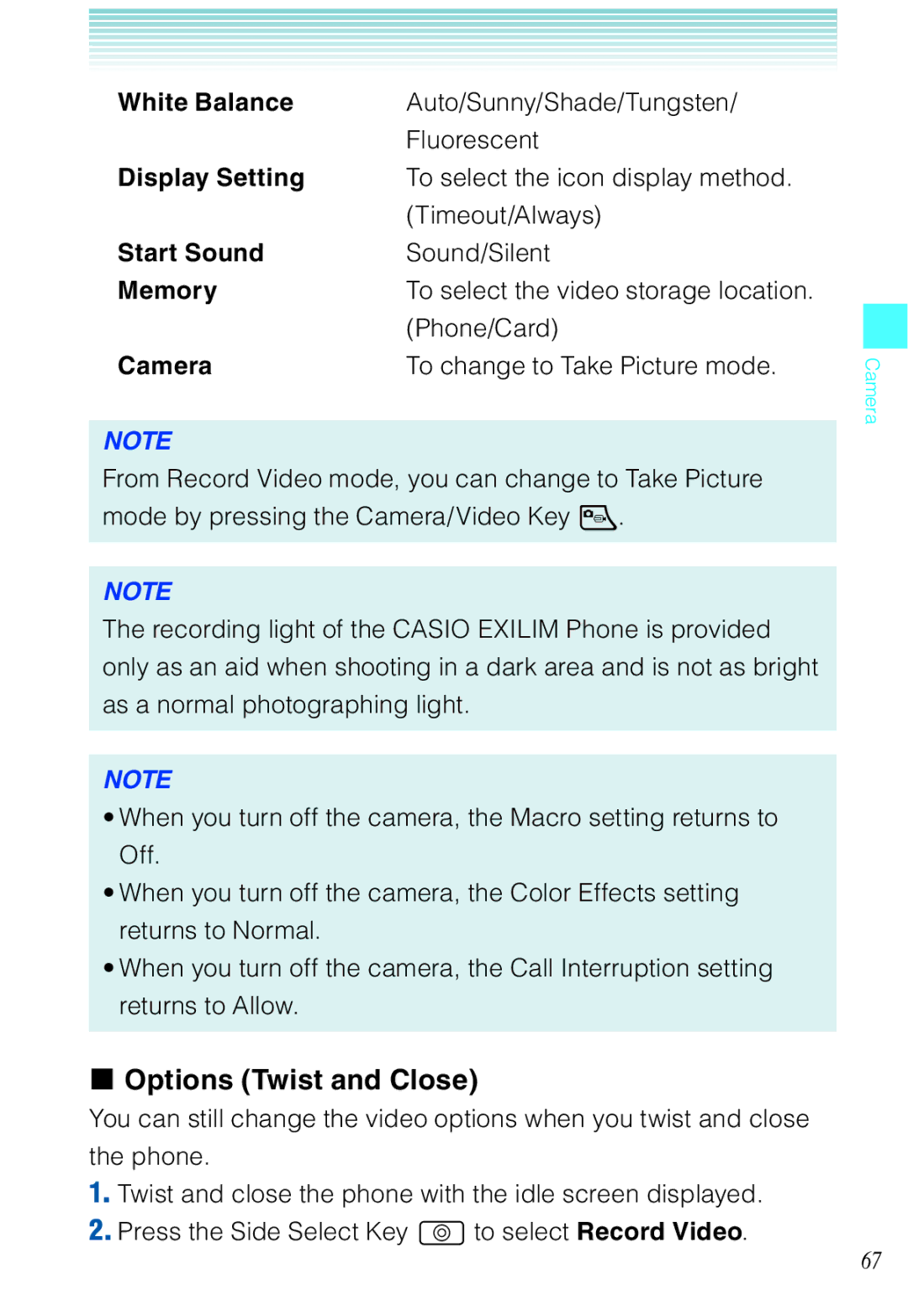 Casio C721 manual Start Sound, Camera 