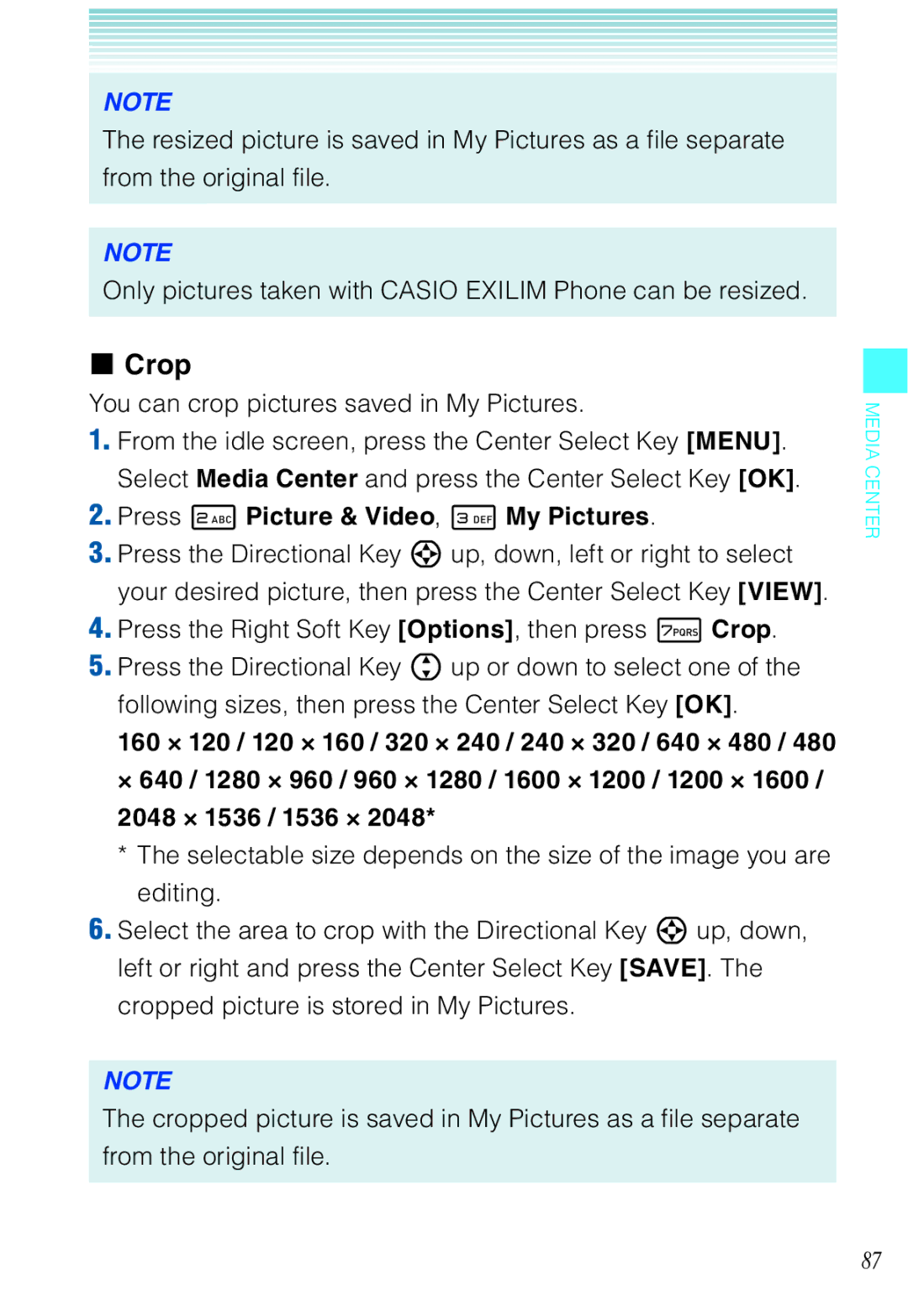 Casio C721 manual Crop, You can crop pictures saved in My Pictures 