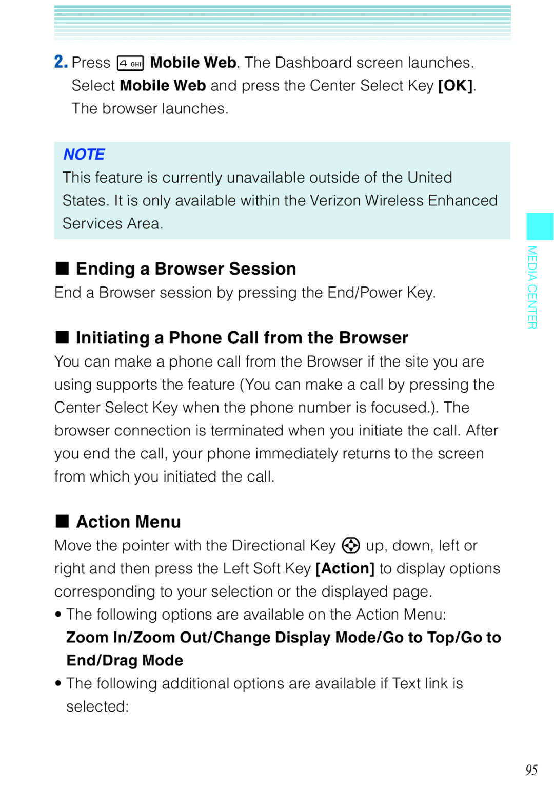 Casio C721 manual Ending a Browser Session, Initiating a Phone Call from the Browser, Action Menu 