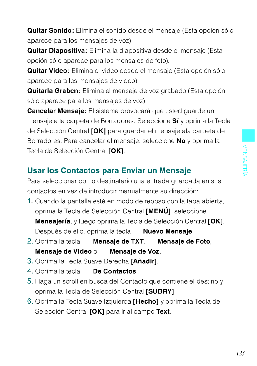 Casio C731 manual Usar los Contactos para Enviar un Mensaje, 123 
