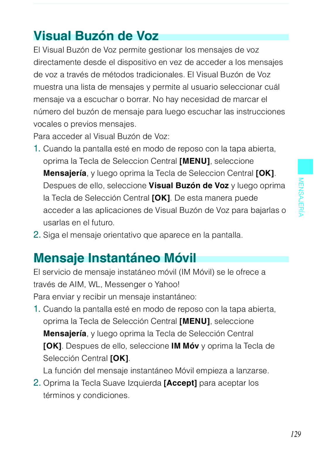Casio C731 manual Visual Buzón de Voz, Mensaje Instantáneo Móvil, 129 