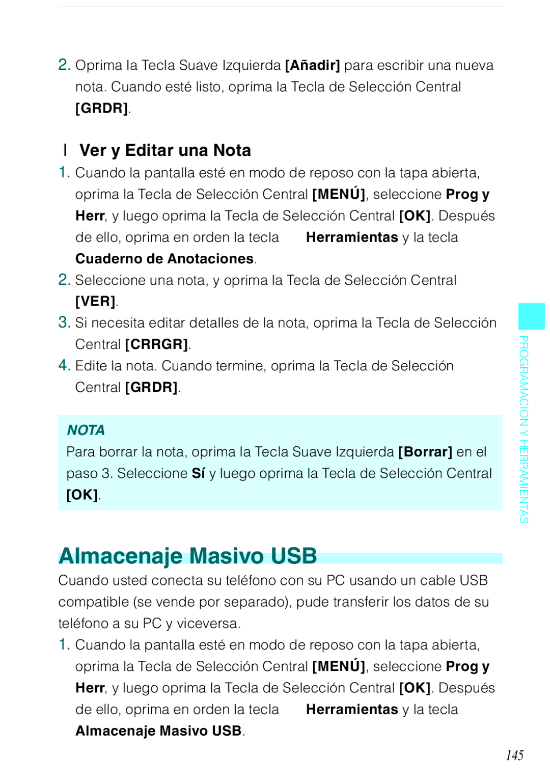 Casio C731 manual Almacenaje Masivo USB, Ver y Editar una Nota, 145 