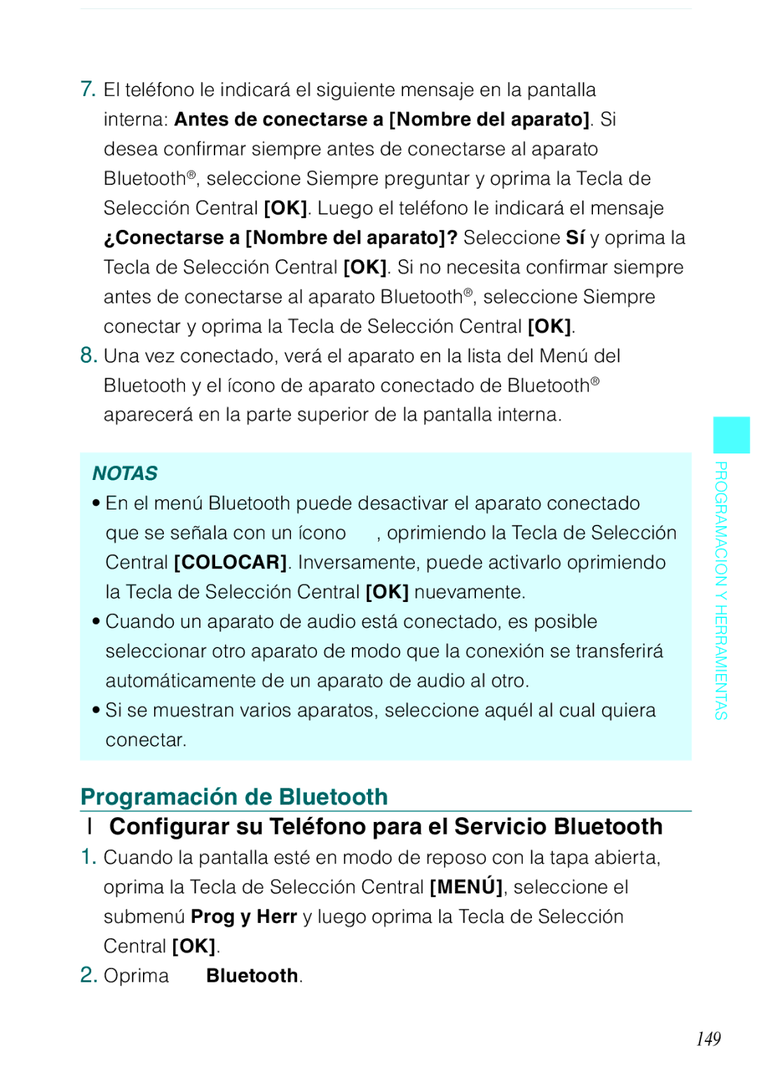 Casio C731 manual Programación de Bluetooth, Configurar su Teléfono para el Servicio Bluetooth, 149 