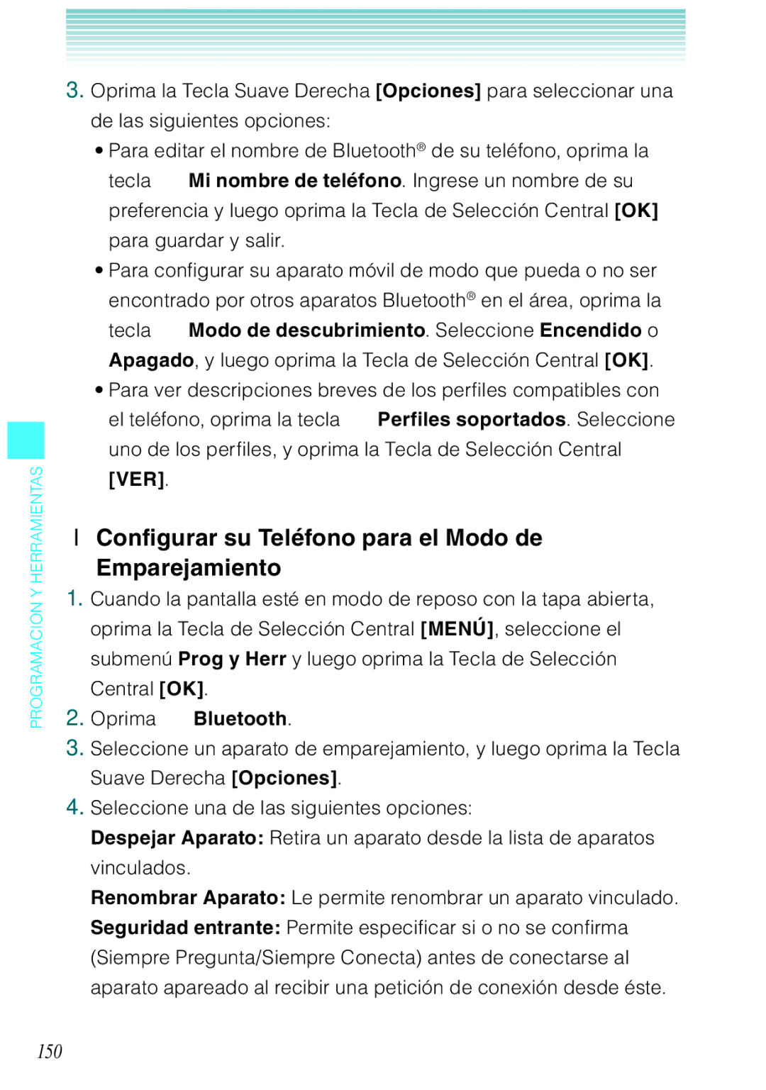 Casio C731 manual Configurar su Teléfono para el Modo de Emparejamiento, 150 