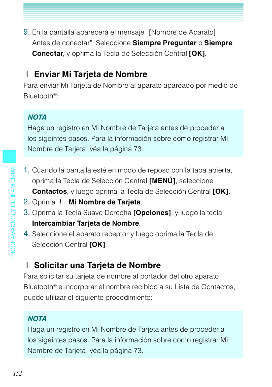 Casio C731 manual Enviar Mi Tarjeta de Nombre, Solicitar una Tarjeta de Nombre, 152 