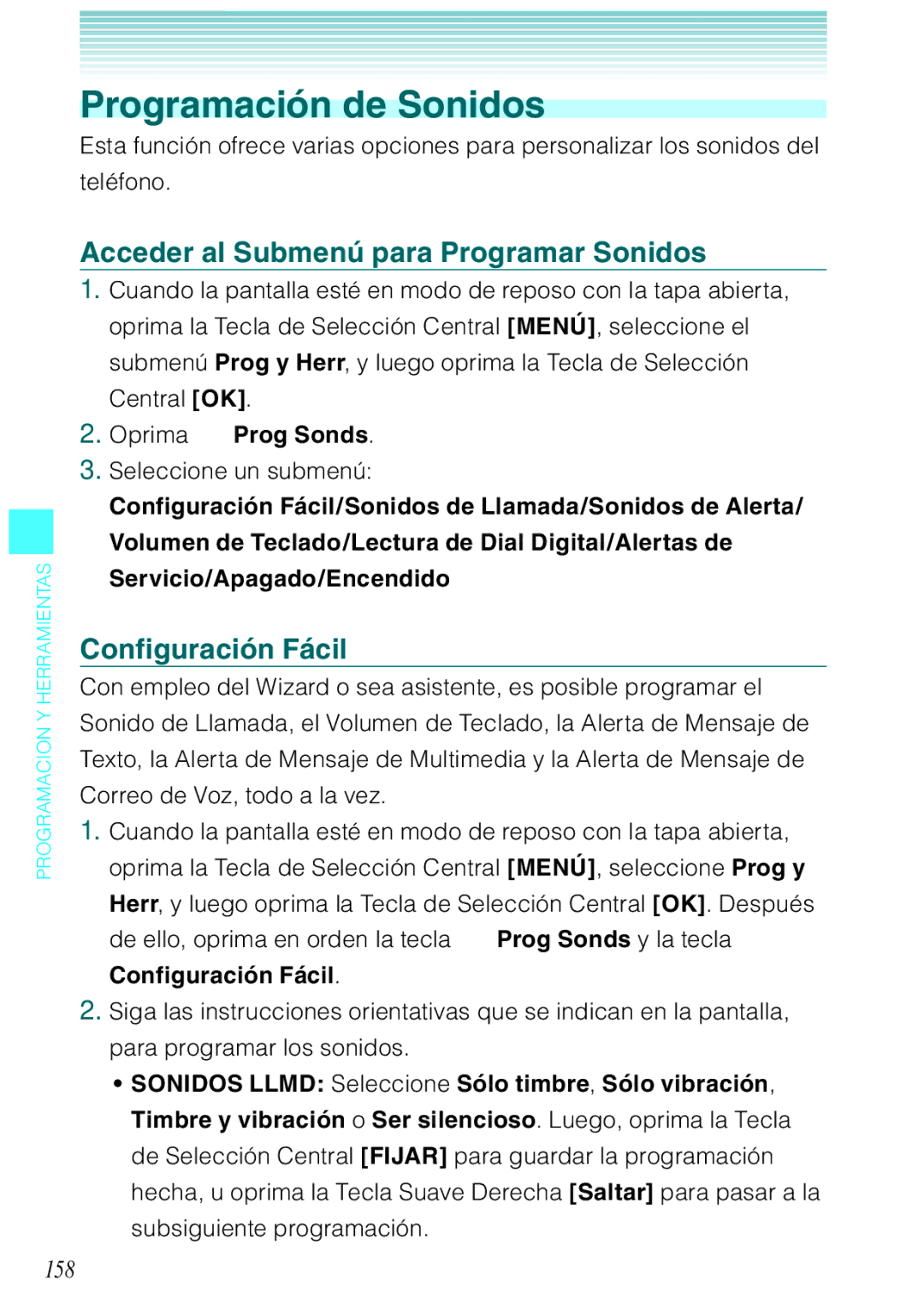 Casio C731 Programación de Sonidos, Acceder al Submenú para Programar Sonidos, Configuración Fácil, 158, Oprima Prog Sonds 