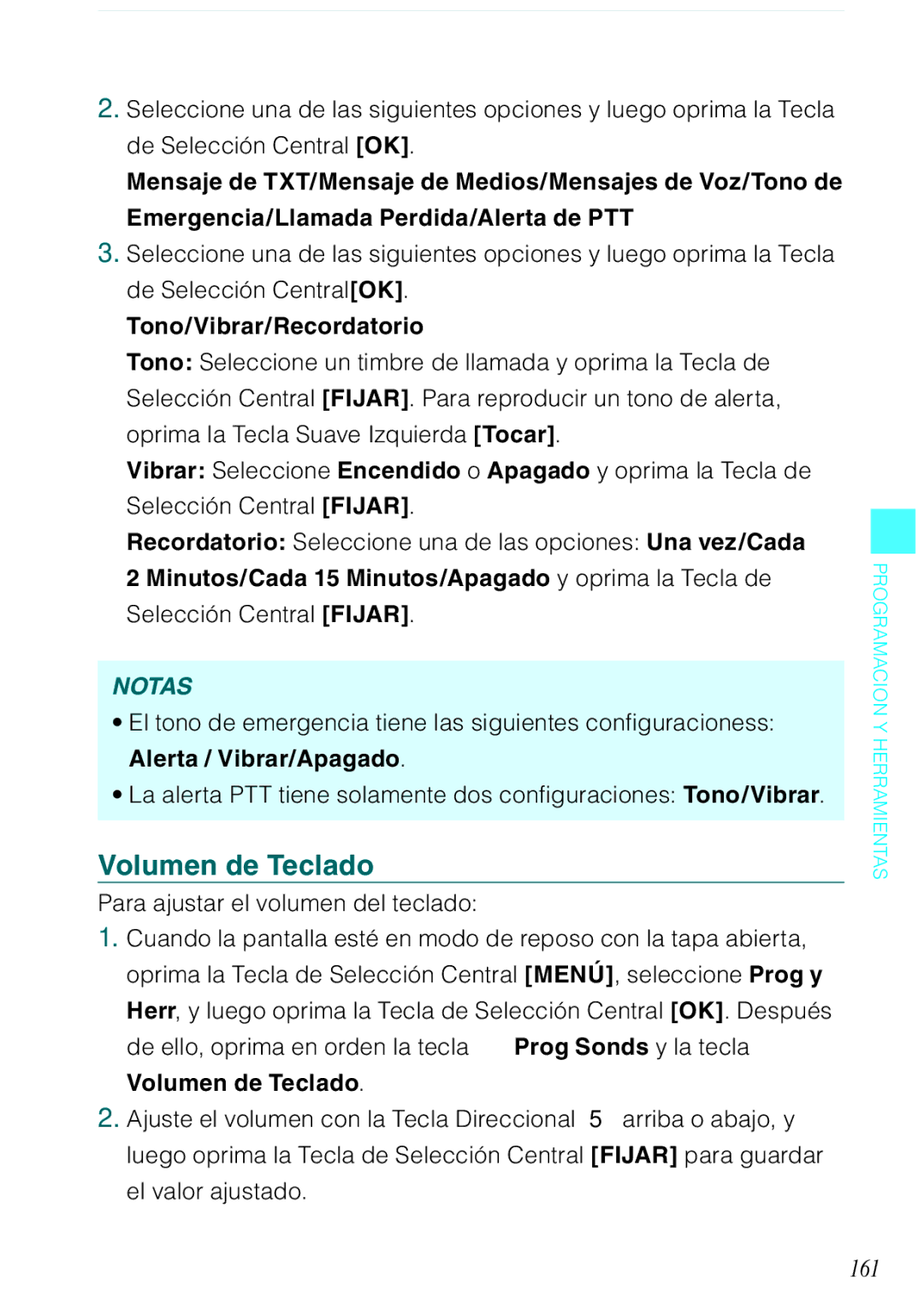 Casio C731 manual Volumen de Teclado, 161, Tono/Vibrar/Recordatorio, Para ajustar el volumen del teclado 