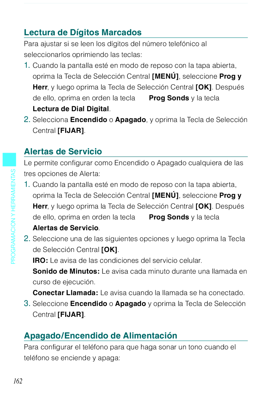 Casio C731 manual Lectura de Dígitos Marcados, Alertas de Servicio, Apagado/Encendido de Alimentación, 162 