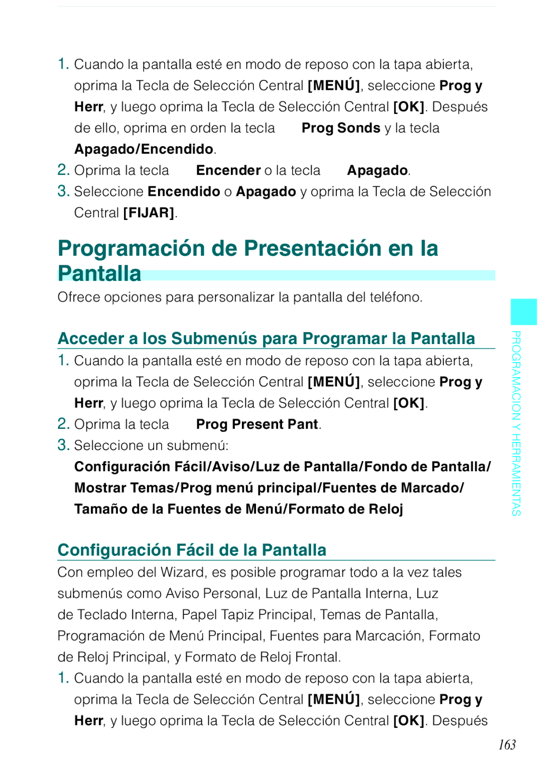 Casio C731 manual Programación de Presentación en la Pantalla, Acceder a los Submenús para Programar la Pantalla, 163 