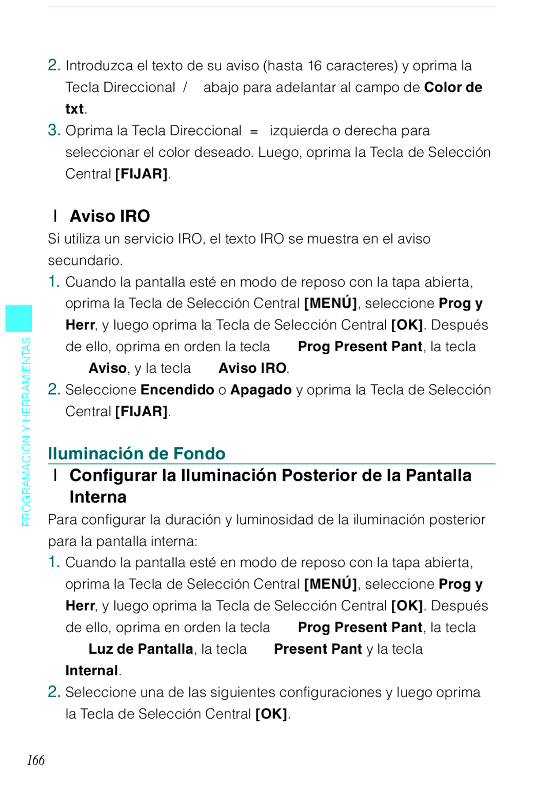 Casio C731 manual Aviso IRO, Iluminación de Fondo, Configurar la Iluminación Posterior de la Pantalla Interna, 166 
