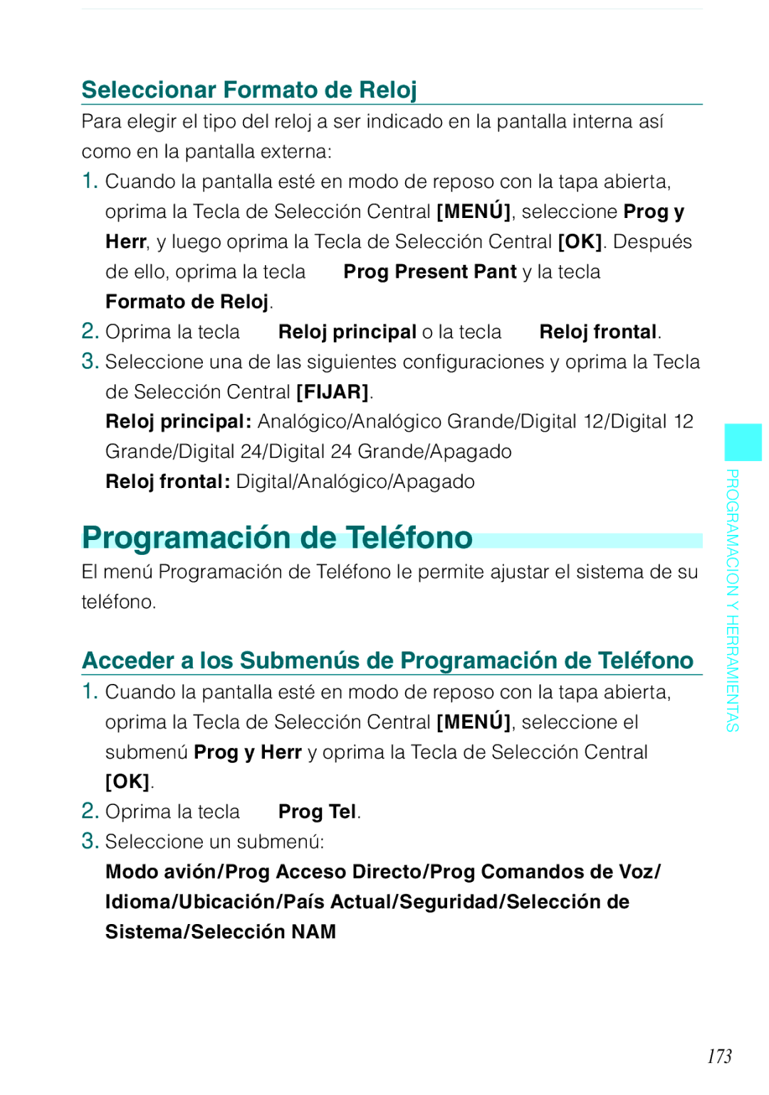 Casio C731 manual Seleccionar Formato de Reloj, Acceder a los Submenús de Programación de Teléfono, 173 