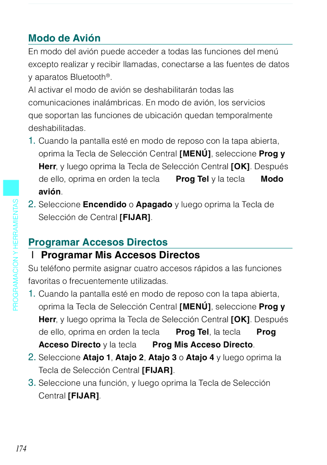 Casio C731 manual Modo de Avión, Programar Accesos Directos, Programar Mis Accesos Directos, 174 