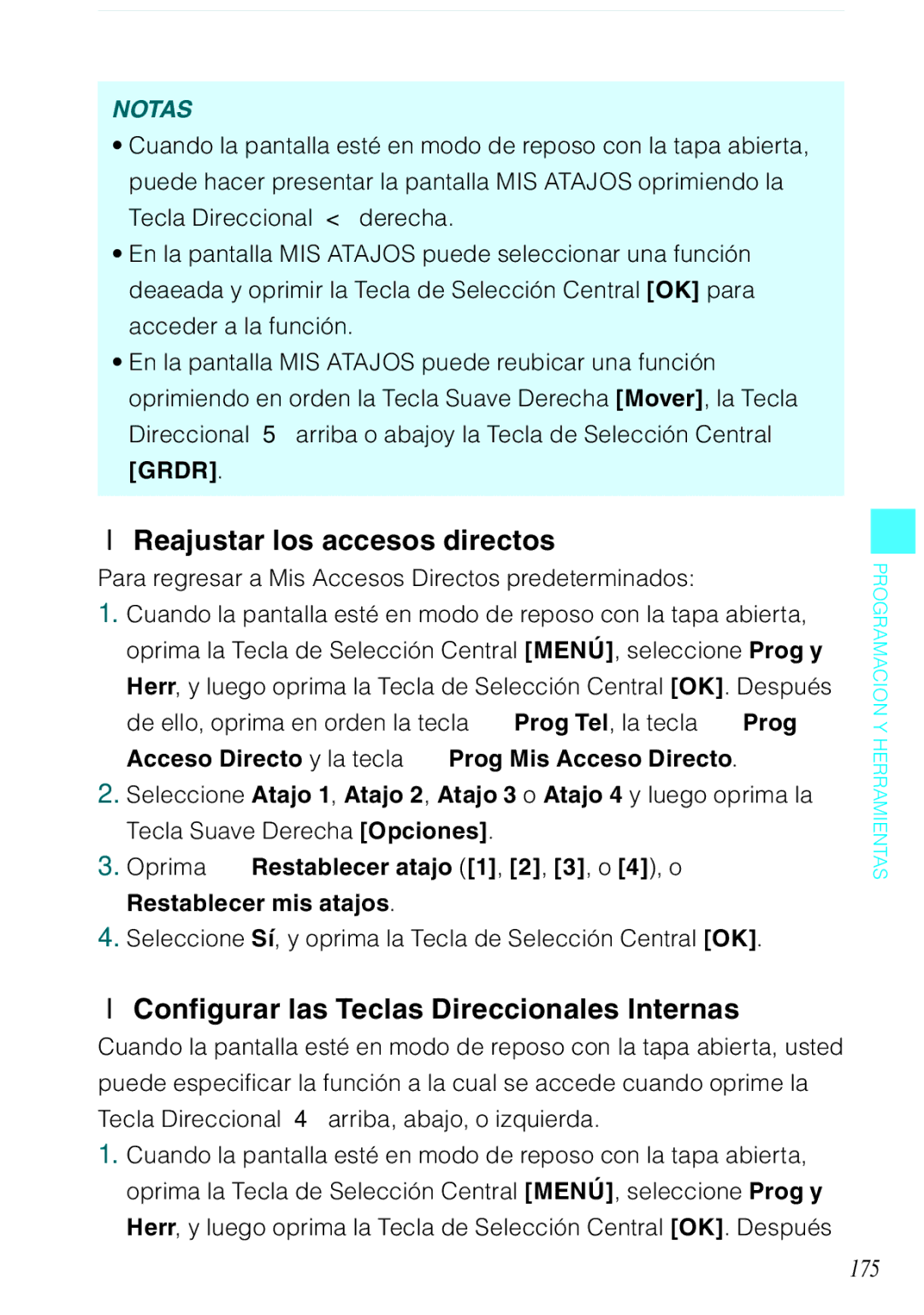 Casio C731 manual Reajustar los accesos directos, Configurar las Teclas Direccionales Internas, 175 