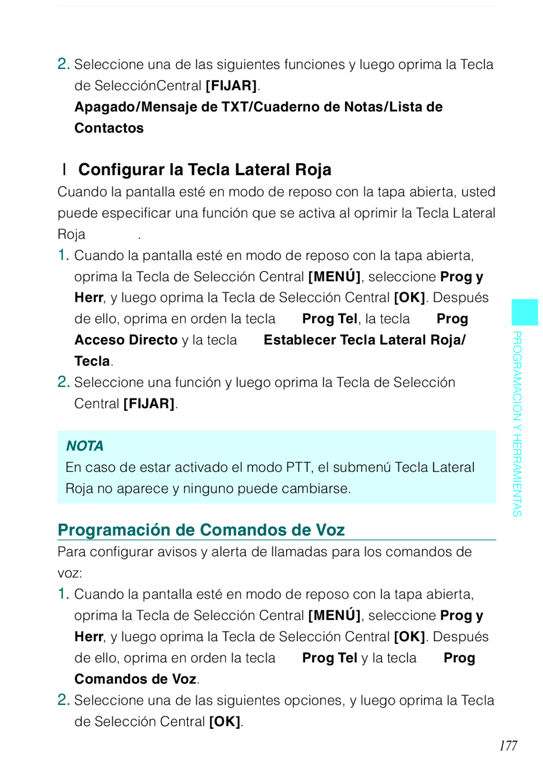 Casio C731 manual Configurar la Tecla Lateral Roja, Programación de Comandos de Voz, 177 