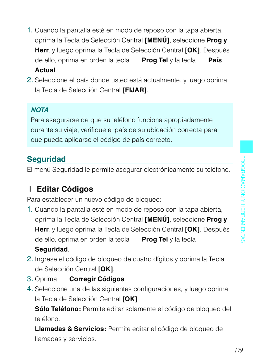 Casio C731 manual Seguridad, Editar Códigos, 179, Para establecer un nuevo código de bloqueo, Oprima Corregir Códigos 