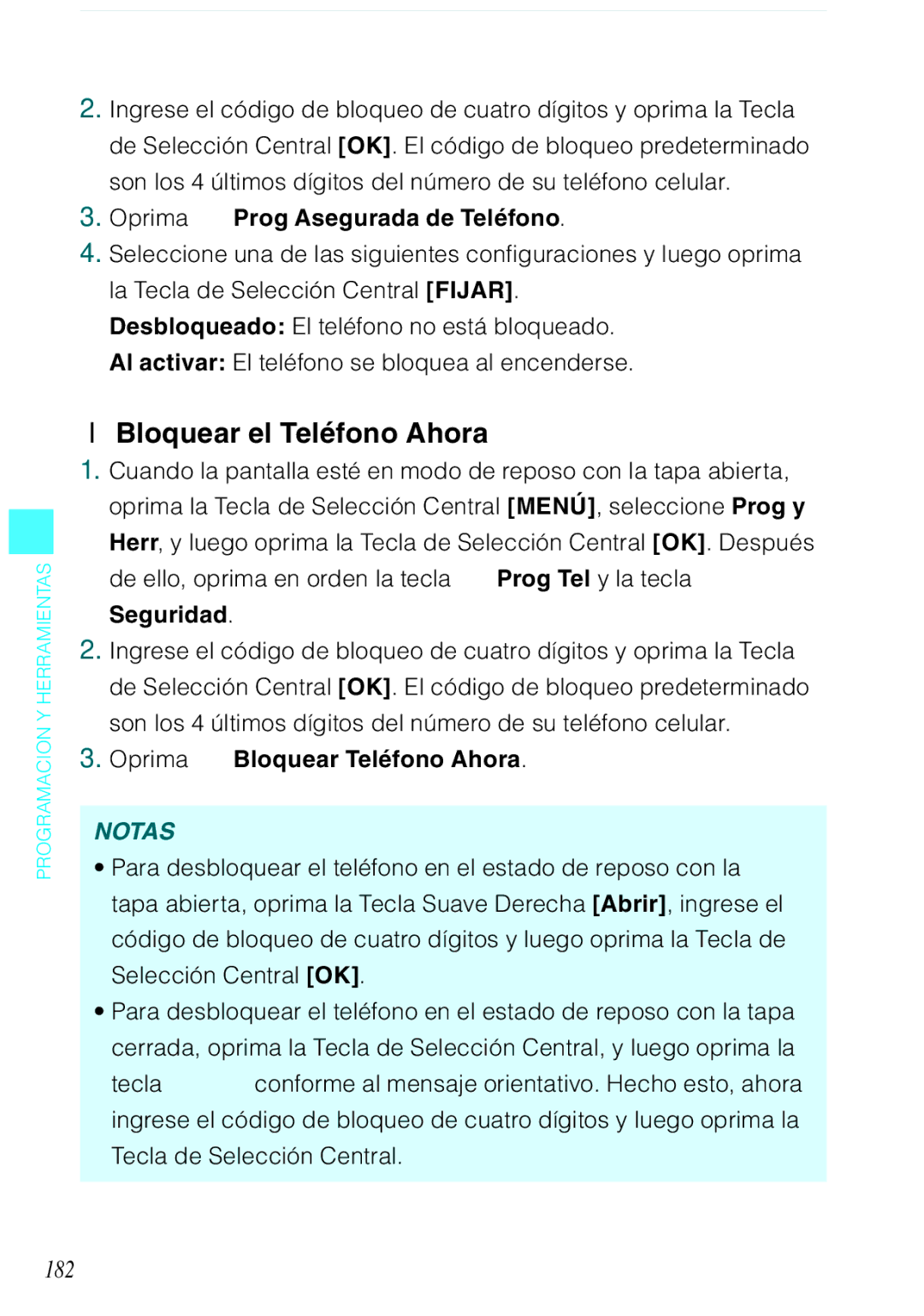 Casio C731 manual Bloquear el Teléfono Ahora, 182, Oprima Prog Asegurada de Teléfono, Oprima Bloquear Teléfono Ahora 